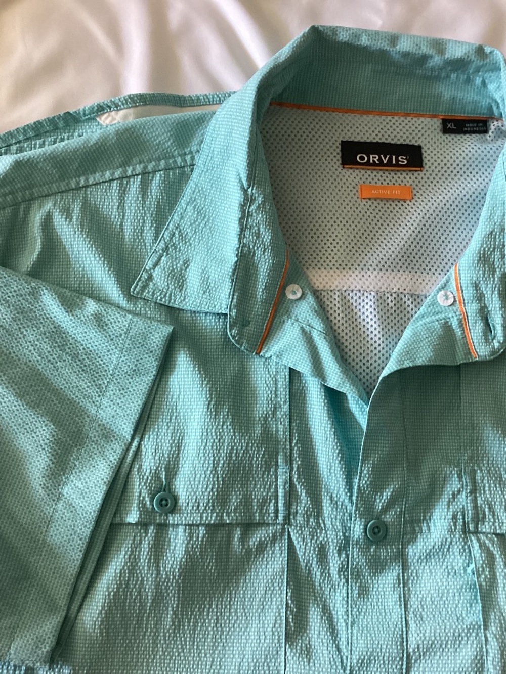 Men’s Orvis Active Fit Button Down Short Sleeve Teal Shirt Size XL